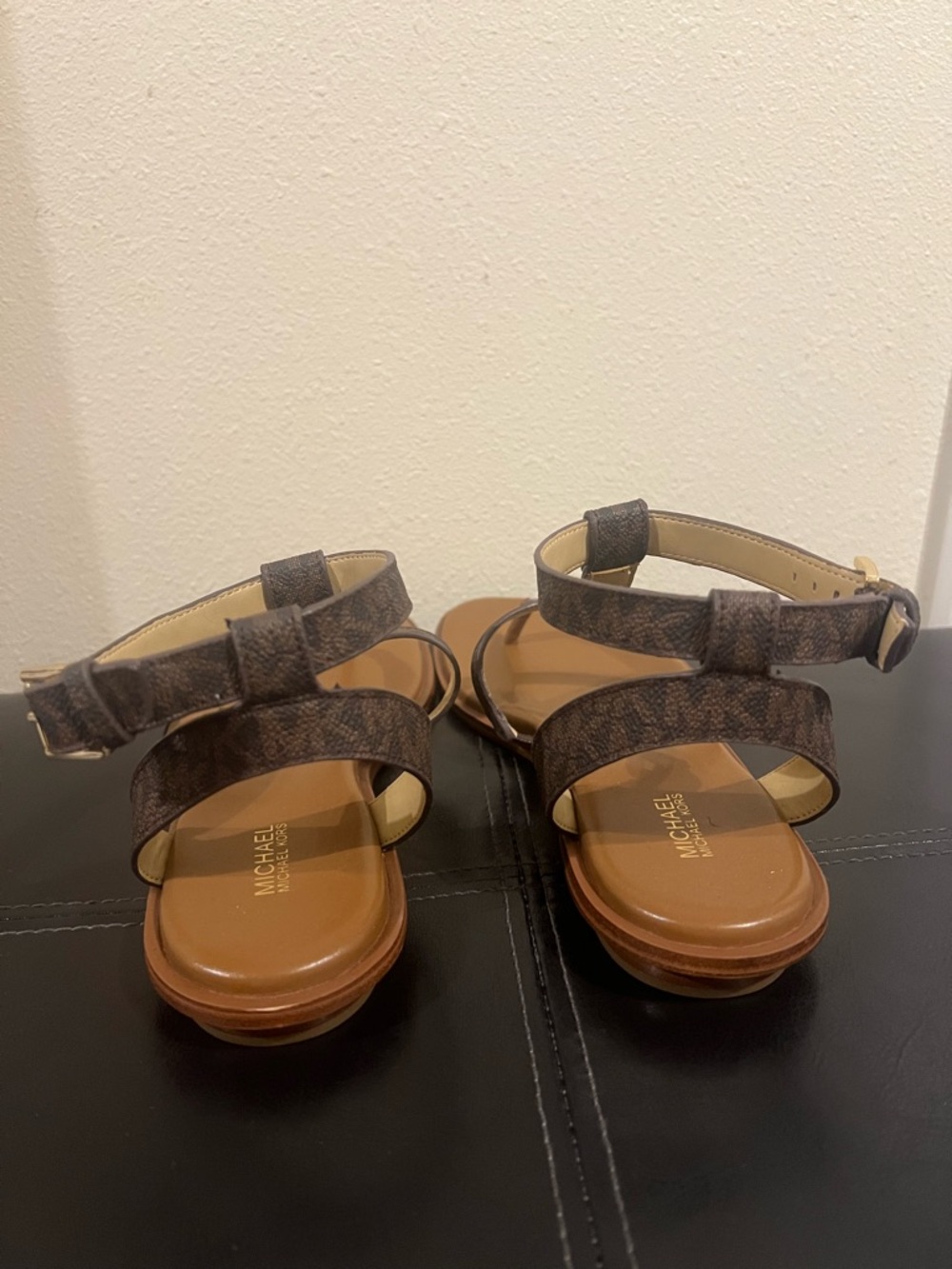 Michael Kors Brown MK Monogram T-Strap Sandals - Picture 4 of 6